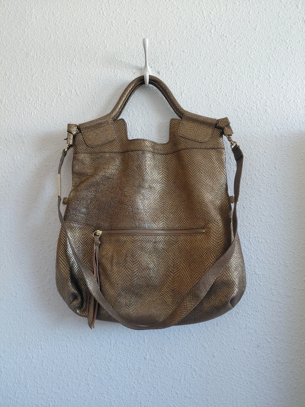 Foley + Corinna Metallic Gold Snake Leather City Tote Crossbody Handbag